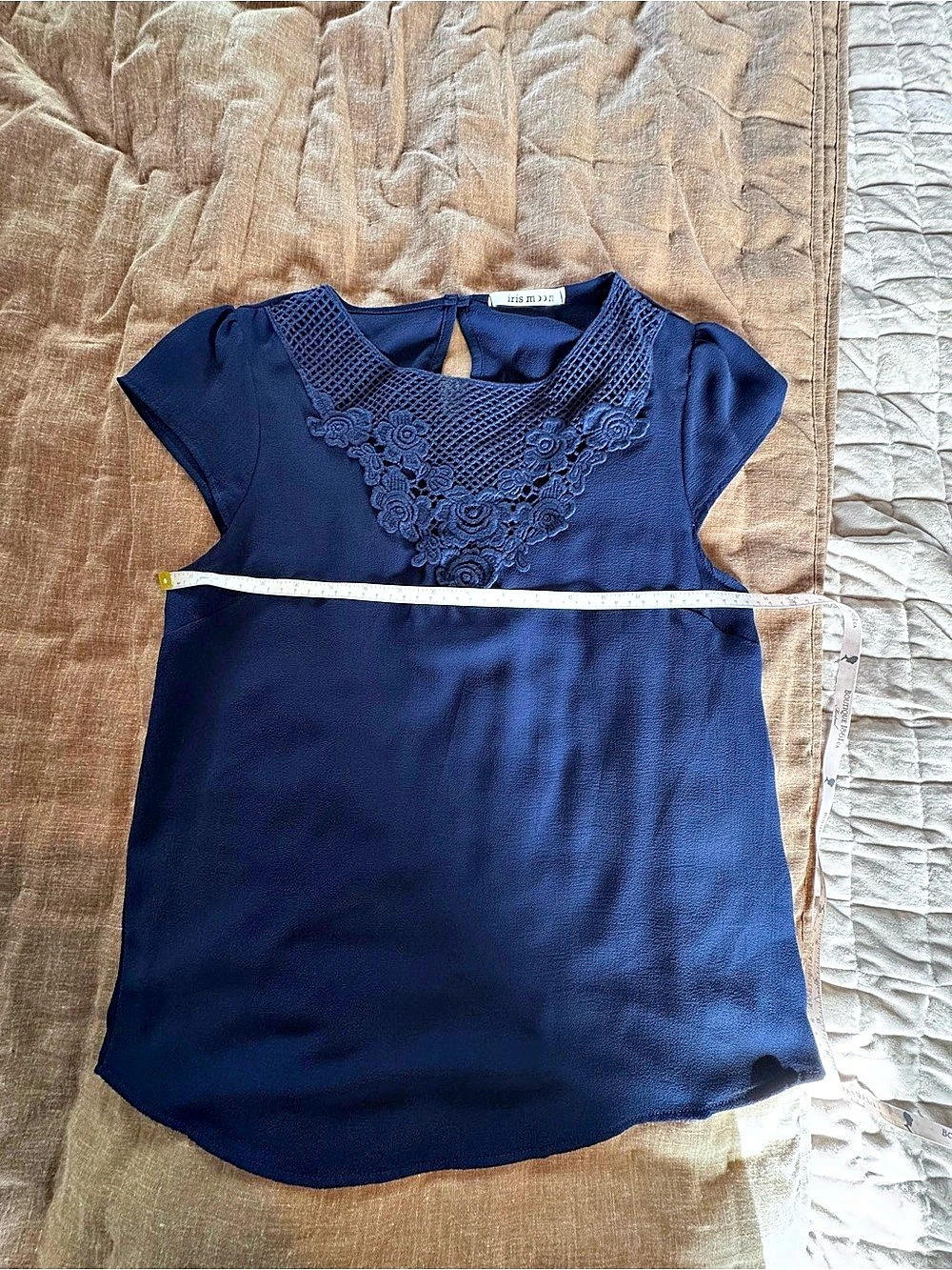 Iris Moon Lace Neck Short Sleeve Blouse in Blue